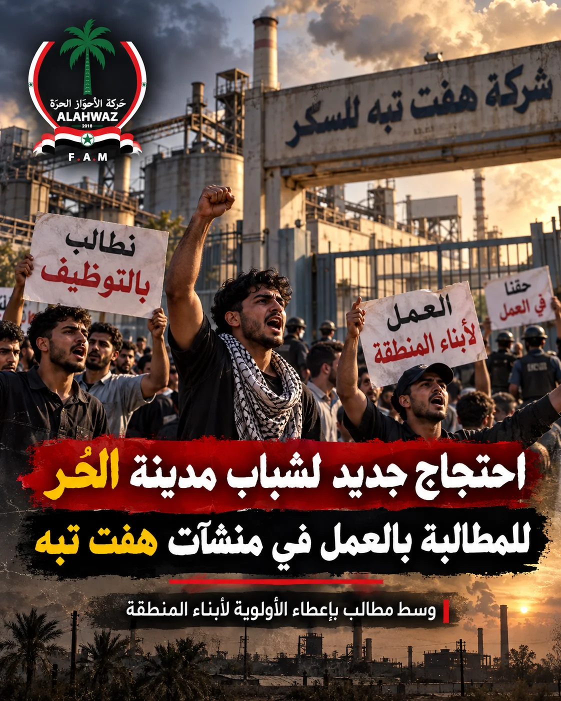 احتجاج جديد لشباب مدينة الحُر للمطالبة بالعمل في منشآت هفت تبه